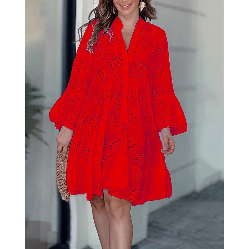 Women's Mini Dress Lace Dress Casual Dress Fashion Modern Daily Beach Weekend Regular Fit Plain Long Sleeve V Neck White Red Rose Red Spring Fall3