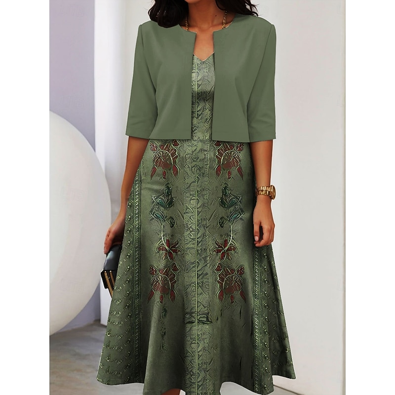 Women's Two Piece Dress Sets Midi Dress with Jacket Elegant A Line Dress Half Sleeve Casual Semi Formal Ombre Graphic Print V Neck Date Black Pink Red Spring Fall Regular Fit4