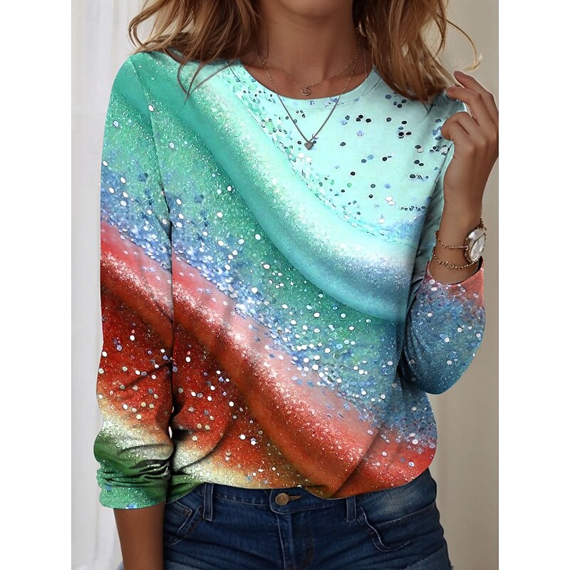 Women's T shirt Crew Neck Long Sleeve Tunic Ombre Graphic Texture Vintage Stylish Casual  Round Neck Regular Tops Daily Print Pink Blue Purple Fall4