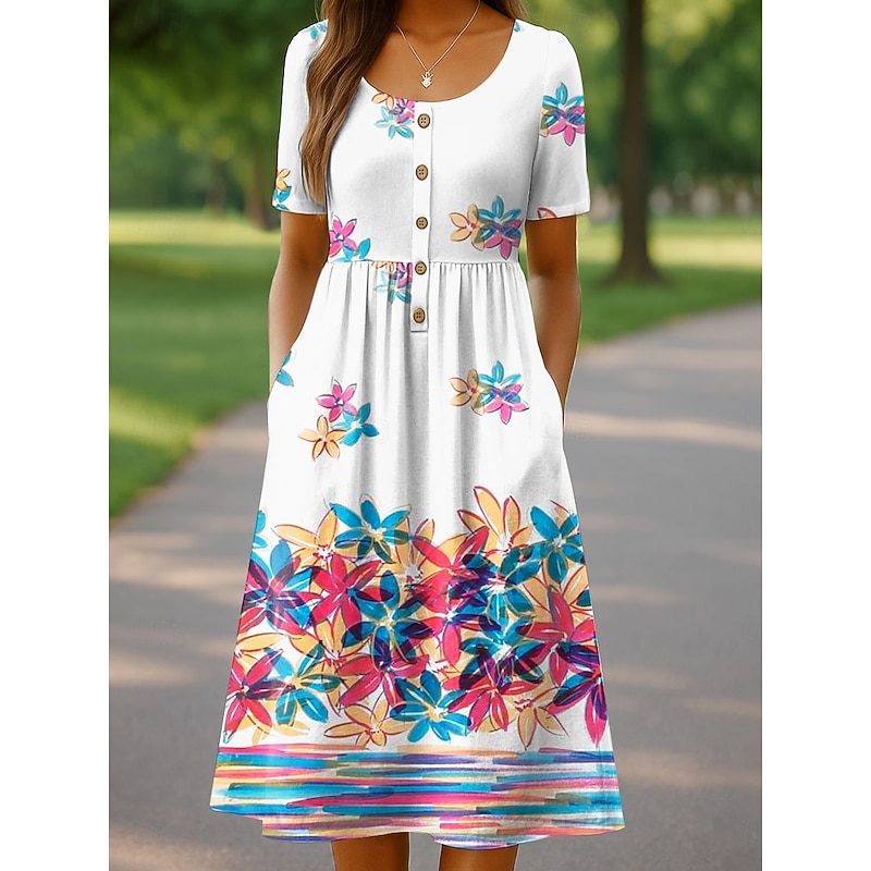 Women's Midi Dress Knit Dress Casual Dress Sundress A Line Dress Vacation Casual Beach Holiday Loose Fit Floral Graphic Short Sleeve Crew Neck White Pink Red Green Summer Spring