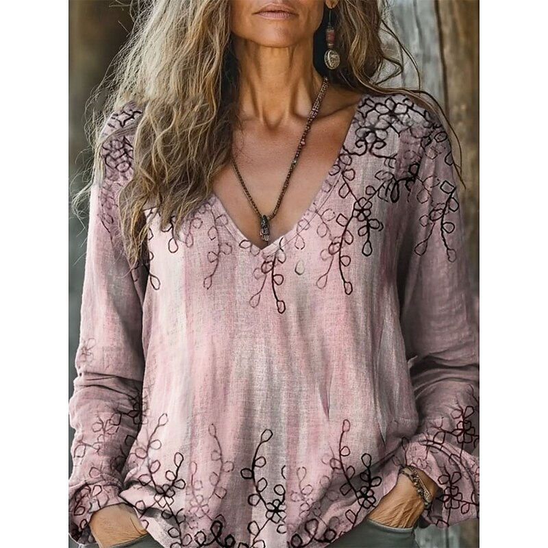 Women's Blouse Floral Bohemia Daily Long Sleeve V Neck Regular Tops Daily Holiday Print White Pink Dusty Rose Blue Purple Summer Spring Fall2