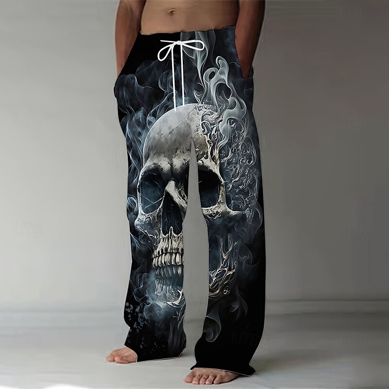 Men's Halloween Costumes Skulls Trousers Baggy Pants Casual Pants Mid Waist Dark Gothic Style Holiday Streetwear Elastic Drawstring Waist Linen-Like Pants with Pockets Summer Spring 3D Print Black