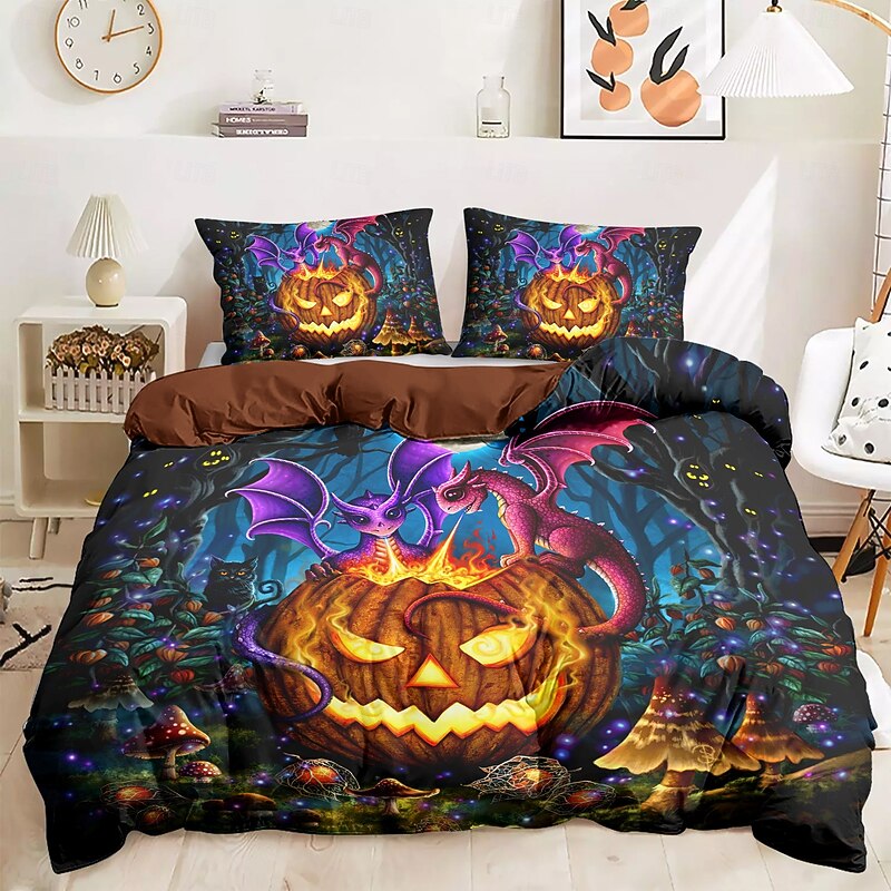 Halloween Duvet Cover The glowing Pumpkin by Sarah Richter Bedding Set 3-Piece Comforter Cover Set with Zipper Closure, Soft and Lightweight, Holiday Bedroom Decoration3