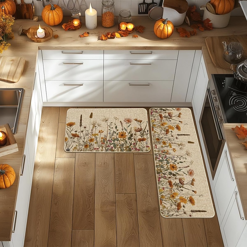 Fall Autumn Pumpkin Linen Mats Set - Absorbent, Oil-Resistant Kitchen & Entryway Door Mats, 2-Piece Set For Thanksgiving3