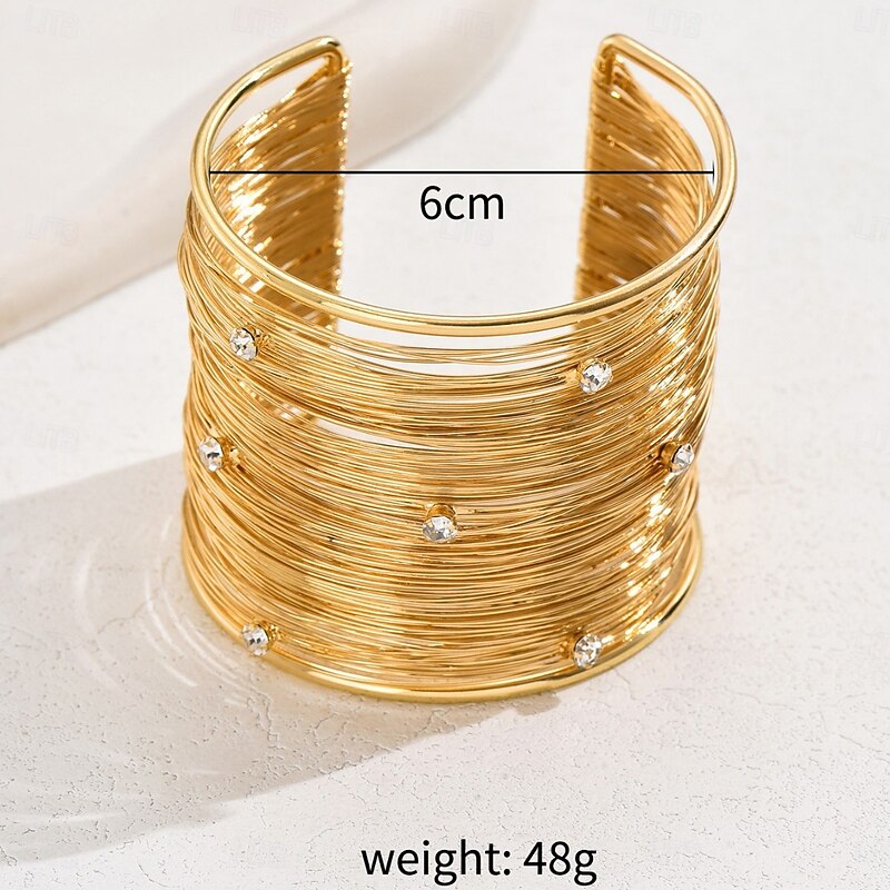 Women's Gold Layered Wire Cuff Bracelet - Rhinestone Studded Statement Bangle for Evening Parties and Cocktail Events4