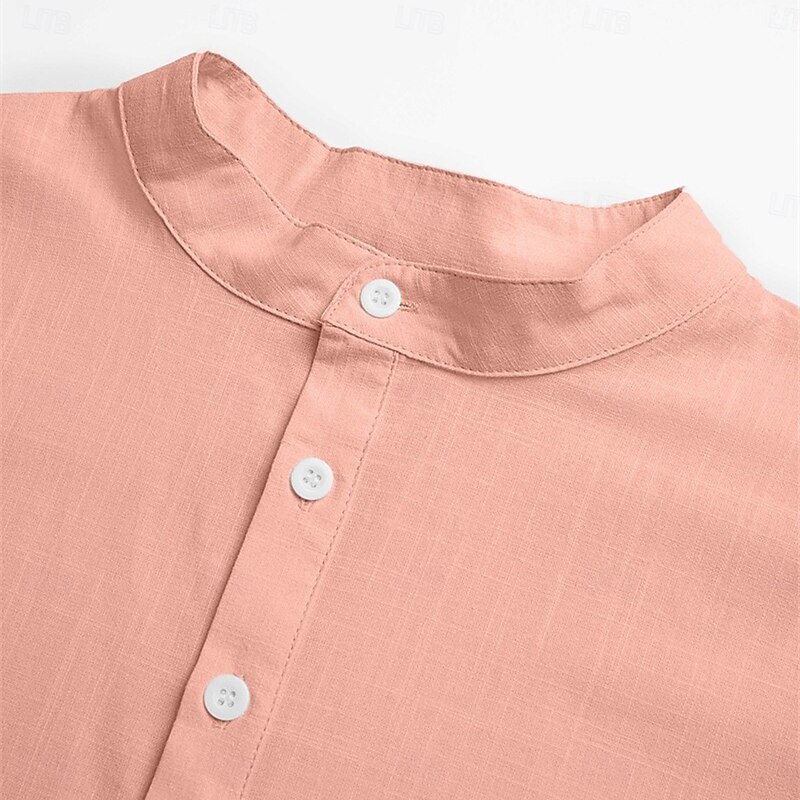 Men's Shirt Linen Shirt Popover Shirt Summer Shirt Beach Wear Band Collar Shirt Plain Vacation Casual Black White Yellow Pink Short Sleeve Stand Collar Summer Clothing Apparel2