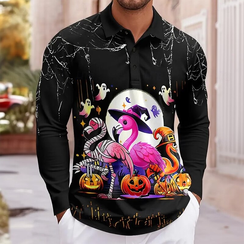 Halloween Men's Pumpkin Ghost Polo Long Sleeve Polo Shirts Lapel Casual Horror Dark Outdoor Daily Wear Festival Outfit 3D Print Buttons Spring Fall Winter Black