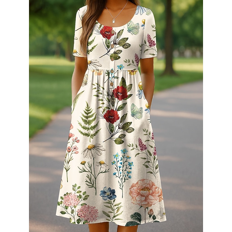 Women's Midi Dress Knit Dress Casual Dress Sundress A Line Dress Vacation Casual Beach Holiday Regular Fit Floral Graphic Short Sleeve Crew Neck Black Red Orange Beige Summer Spring3