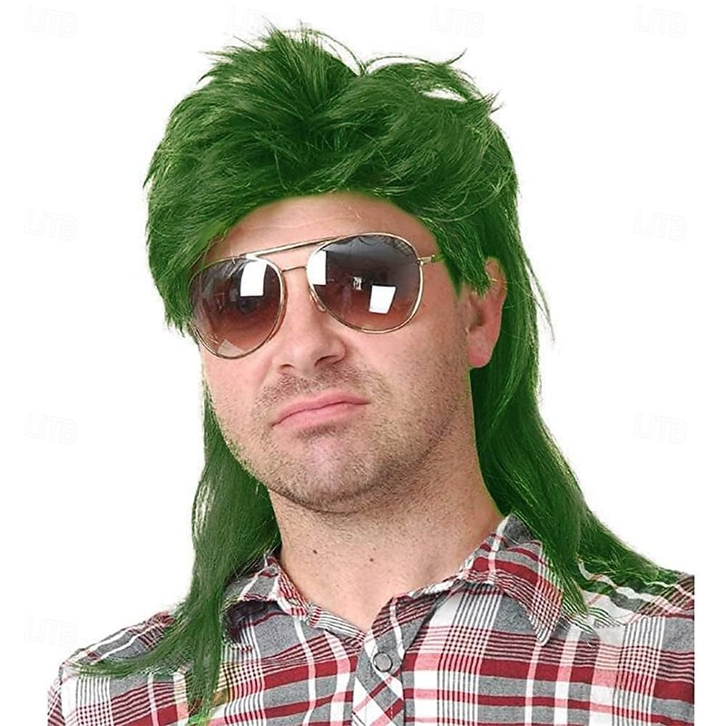 Green Mullet Wigs for Men 80s Costumes Fancy Party Accessory Cosplay 70s Rocker Hair Male Wig