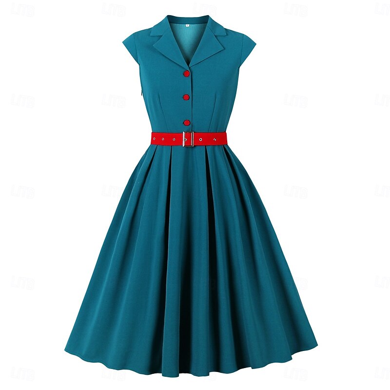 Retro Vintage 1950s Rockabilly Midi A Line Dress Flare Dress With Belt A-Line Fancy Dress Women's Vacation Homecoming Retro Theme Party Adults' Dress Spring & Summer
