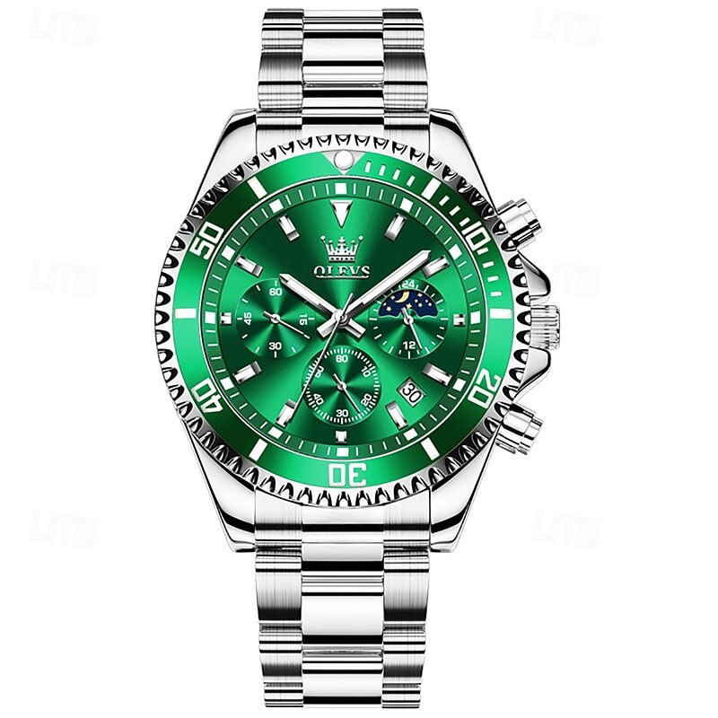 The New Olevs Stainless Steel Bracelet Men'S Business Watch Moon Phase Chronograph Calendar Green Submariner Quartz Watch Is A Waterproof Fashionable And Trendy Men'S Casual Sports Wristwatch4