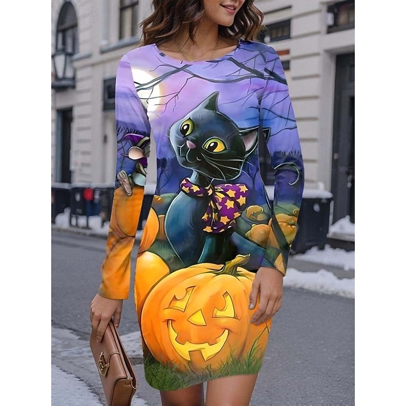 Halloween Women's Black Cat Print Mini Dress T Shirt Dress Tee Dress Shift Dress Dress Vacation Casual Party Daily  Graphic Animal Long Sleeve Crew Neck Black Yellow Purple Orange Spring Fall Winter3