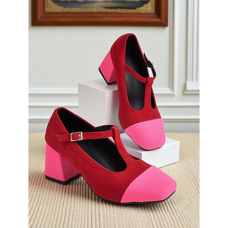 Women's French Style Red and Pink T-Strap Block Heel Mary Jane Pumps - Retro Comfortable Walking Shoes for Afternoon Tea, Parties, Office, and Daily Outfits4