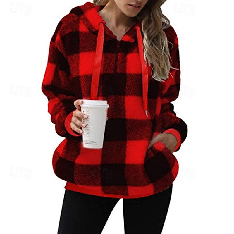 Women's Pullover Hoodie Sweatshirt Plaid Streetwear Casual Long Sleeve Hooded Regular Tops Street Holiday Going out Pocket Black Light Green Pink Red Blue Fall Winter2