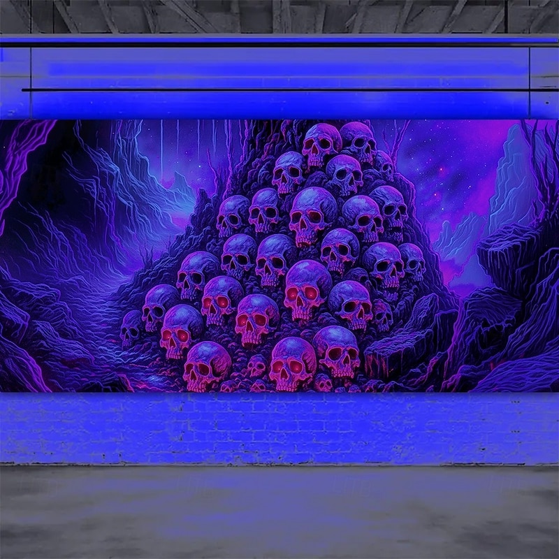 Halloween Garage Door Cover Neon Skull Pile Banner, Glowing Blacklight Backdrop Decoration for Holiday Outdoor Garage Door and Home Wall, 2025 Halloween Decorations