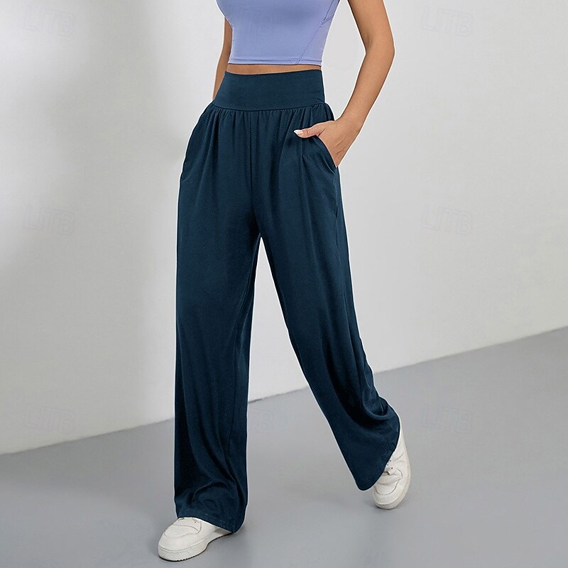 Women's Wide Leg Pants Yoga Pants with Pockets Tummy Control High Waist Gym Volleyball Workout Bottoms Solid Color Dark Grey Black Army Green Sports Activewear3