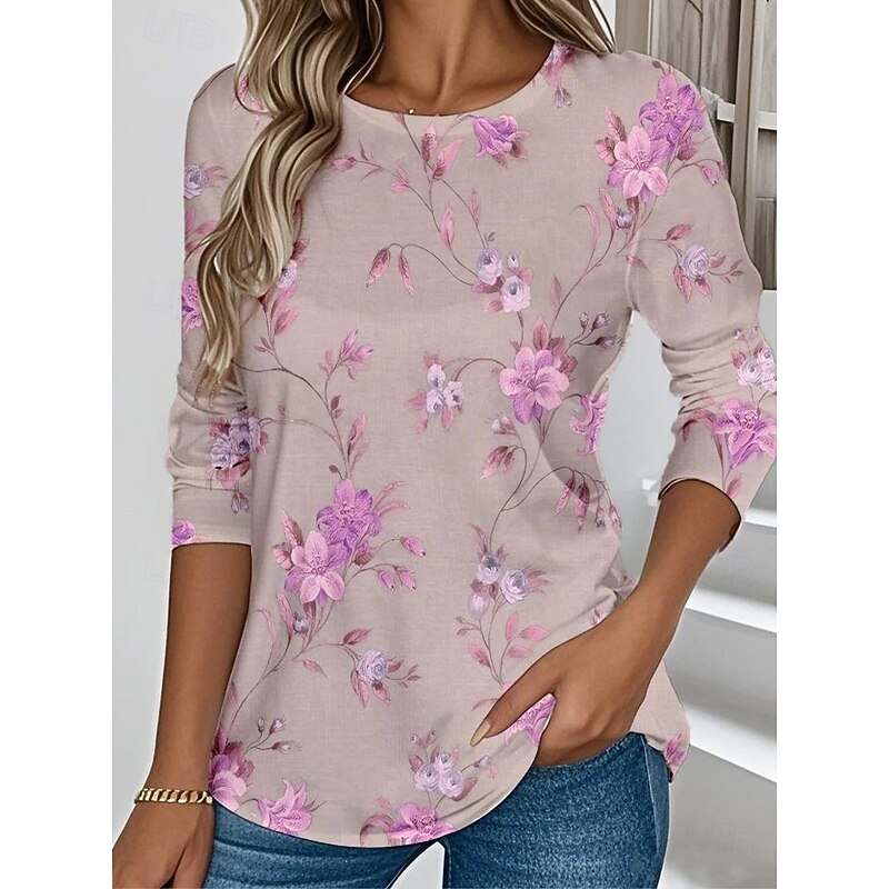 Easter Women's T shirt Long Sleeve Crew Neck Long Sleeve Tunic Floral Graphic Plants Vintage Stylish Classic Round Neck Regular Tops Daily Print Pink Purple Green Fall Prefall3