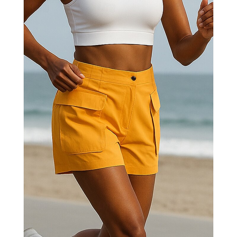 Women's Running Shorts Cargo Shorts Pockets High Waist Bottoms Athleisure Gym Workout Softness Elastic Athletic Pilates Yoga Regular Fit Sportswear Activewear Solid Colored Dark Yellow Yellow Coffee3