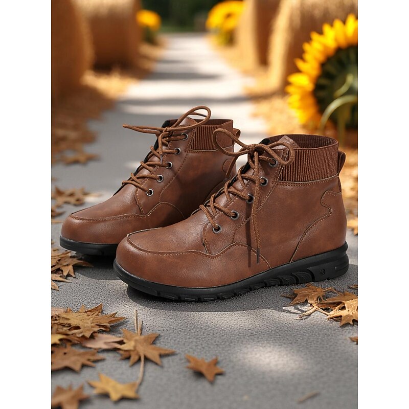Women's Lace-Up Ankle Boots with Ribbed Collar – Stylish Outdoor Footwear for Farm Visits, Sunflower Fields and Autumn Walks4