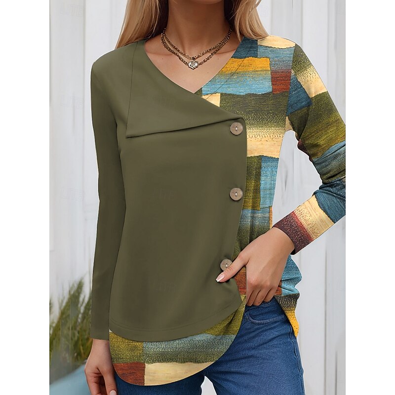 Women's Blouse Tunic V Neck Long Sleeve Buttons Graphic Geometric Vintage Fashion Stylish Regular Tops Daily Patchwork Print Grass Green Yellow Red Green Spring Fall Winter Prefall4