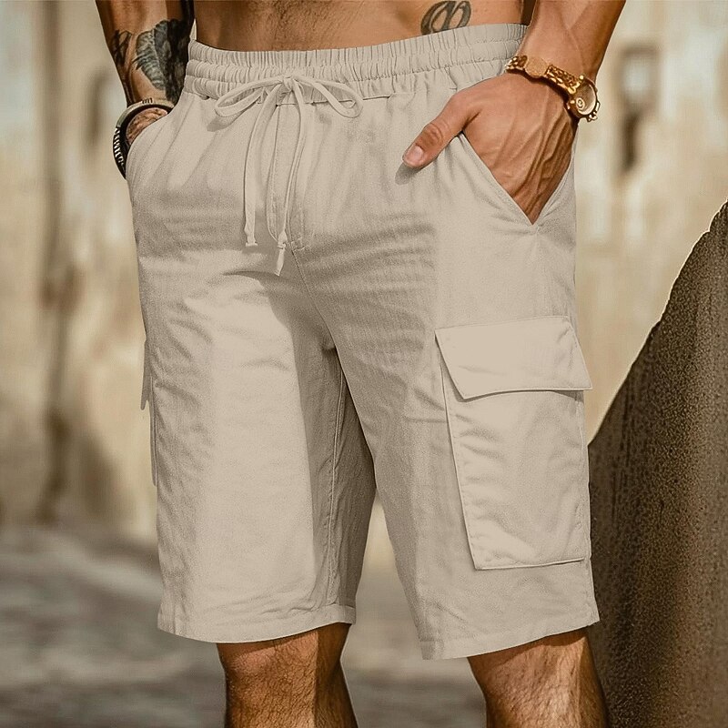 Men's Cargo Shorts Shorts Linen Shorts Summer Shorts Beach Shorts Drawstring Elastic Waist Multi Pocket Plain Comfort Breathable Knee Length Outdoor Daily Beach Vacation Fashion Black White Inelastic2