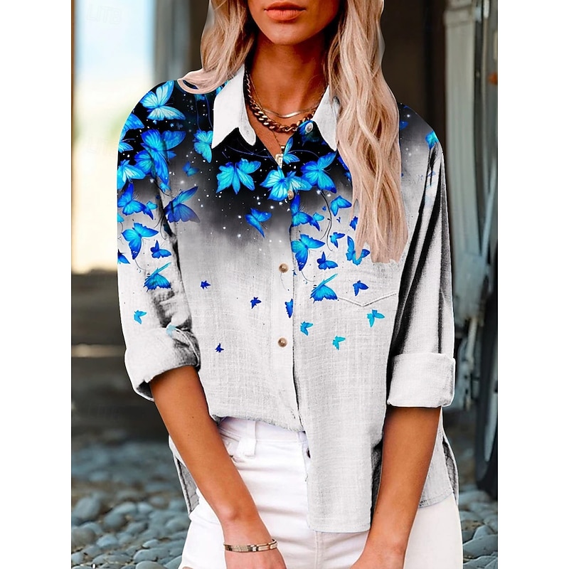 Women's Shirt Butterfly Active Daily Stylish Long Sleeve Shirt Collar Regular Tops Daily Holiday Buttons Print Black White Yellow Summer Spring Fall2