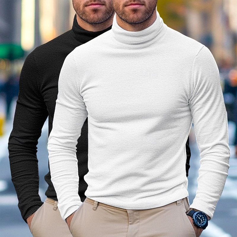 2Pcs Men's Tee Top Long Sleeve Shirt Mock Turtleneck Long Sleeve White Black Pile Neck Fall Winter Spring Fall Solid Color Plain Daily Casual Street Style 2 Piece High Neck Formal Outdoor Street2