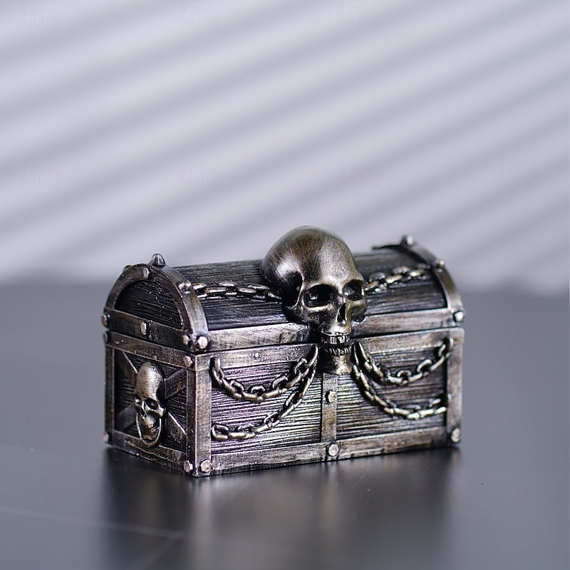 Halloween Statue Skull Treasure Chest Storage Box Decorative Jewelry Organizer Spooky Tabletop Ornament for Home Bar Display Gothic Gift Container Halloween Accent Decor3