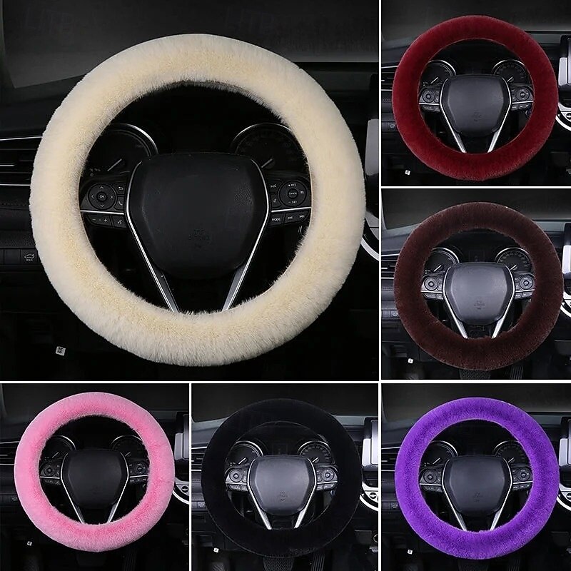 Universal Plush Car Steering Wheel Cover Soft Elastic Fuzzy Faux Rabbit Fur Winter Warm Interior Grip Protector for Women Girls Vehicles3