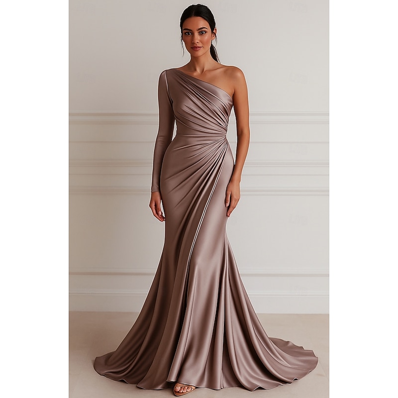 Mermaid / Trumpet Evening Gown Elegant Dress Formal Wedding Floor Length Long Sleeve One ShoulderDress Stretch Satin with Pleats