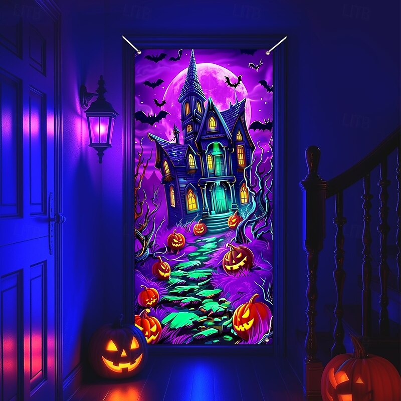 Halloween Door Cover Neon Haunted House with Full Moon Banner, Glowing Blacklight Entrance Decoration for Outdoor & Indoor 2025 Halloween Bedroom, Living Room, Bathroom3