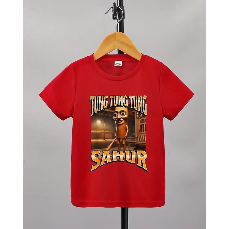 Boys' Blue T-Shirt with Cartoon Character Print - Tung Tung Tung Sahur Design Short Sleeve Summer Spring Fashion Basic Kids 4-12 Years Crew Neck Outdoor Casual Daily Regular Fit2