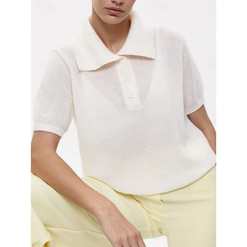 Women's Sweater Casual Soft Pure Color Ribbed Shirt Collar Buttons Knitted Long Sleeve Regular Tops Knit Outdoor Daily Weekend Black White Fall Winter2