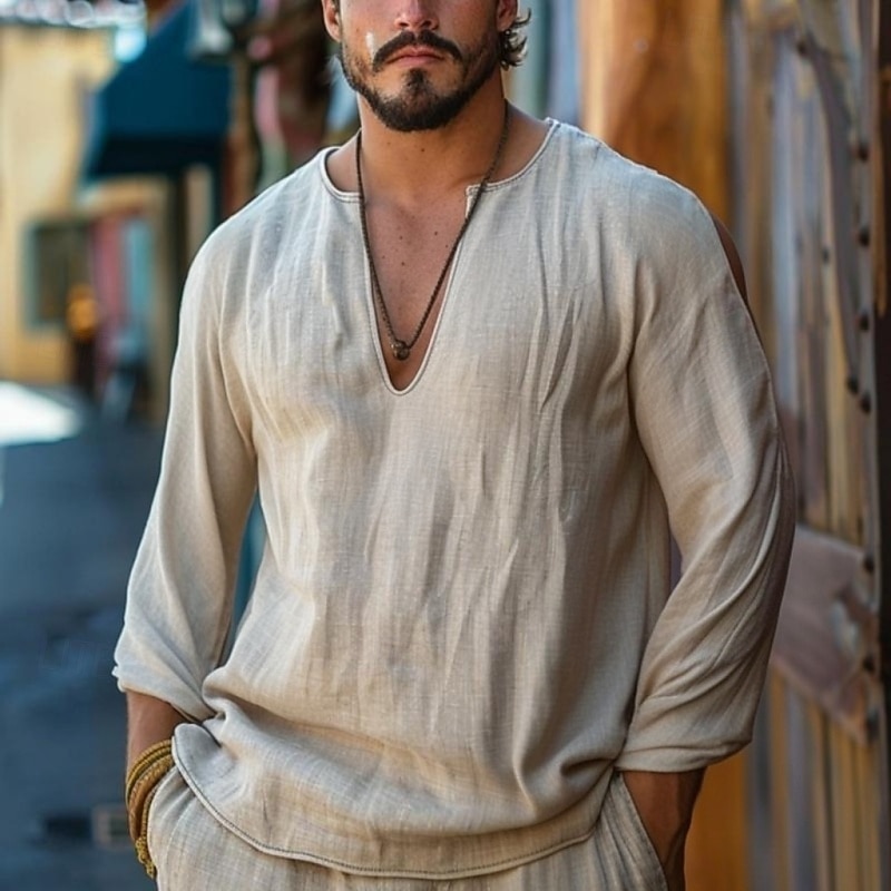 Men's Tee Top Long Sleeve Shirt Long Sleeve V Neck Summer Spring Solid Color Plain Daily Bohemian Casual Oversized Loose Outdoor Street Causal Beige Top Tee for Men