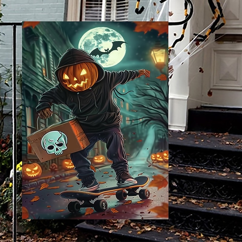 Halloween Garden Flag Banner – Skateboarding Pumpkin Boy under Moonlight, Double-Sided Weather-Resistant Yard Flag for 2025 Halloween Holiday Outdoor Lawn, Porch Decoration2