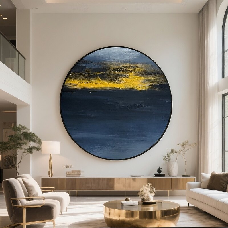 Handmade Circular Oceanic Canvas Deep Sapphire Blue Gradient Luminous Reflection Golden Horizon Contrast Abstract Sky And Sea Textured Paint Modern Calming Wall Art Minimalist Frame Gallery