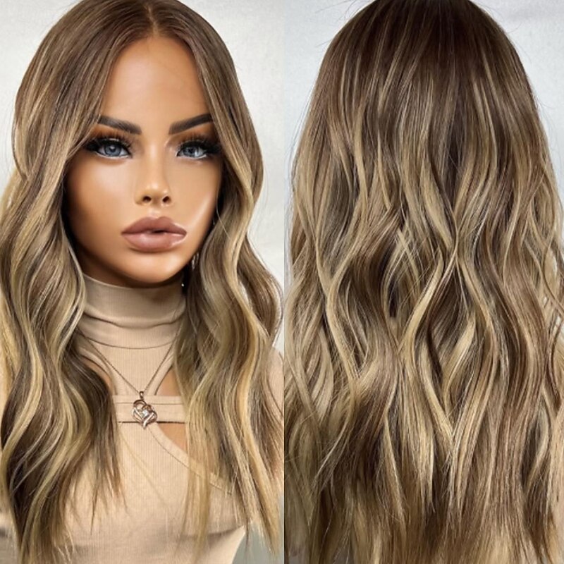 Remy Human Hair 5x5 Closure 13x4 Lace Front Wig Middle Part Brazilian Hair Wavy Blonde Wig 130% 150% Density with Baby Hair Highlighted / Balayage Hair 100% Virgin Glueless Pre-Plucked For Women Long4