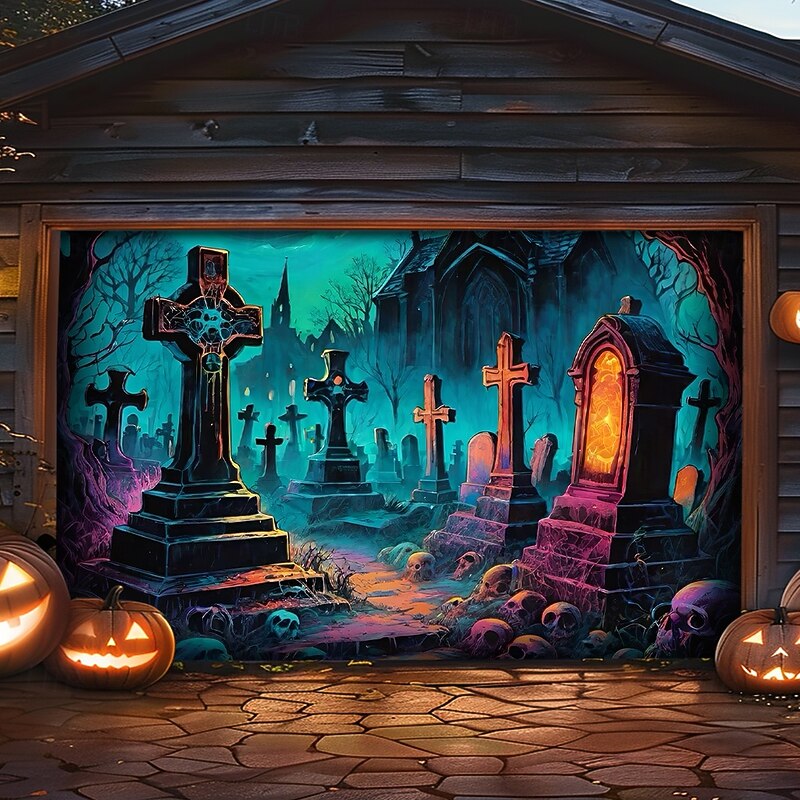 Halloween Outdoor Garage Door Cover Cemetery Skeletons Banner Large Tapestry Backdrop Decoration for Holiday Outdoor Garage Door Home Wall Decorations2