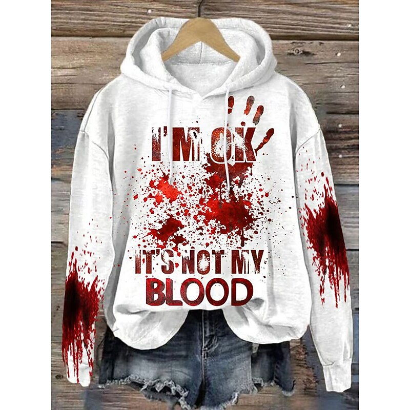 Halloween Women's Hoodie Pullover Sweatshirt Oversized Long Sleeve Casual Bloodstain Graphic Abstract Fashion Print Hooded Street Dailywear Drawstring Print Black White Pink Blue Khaki Fall Winter2