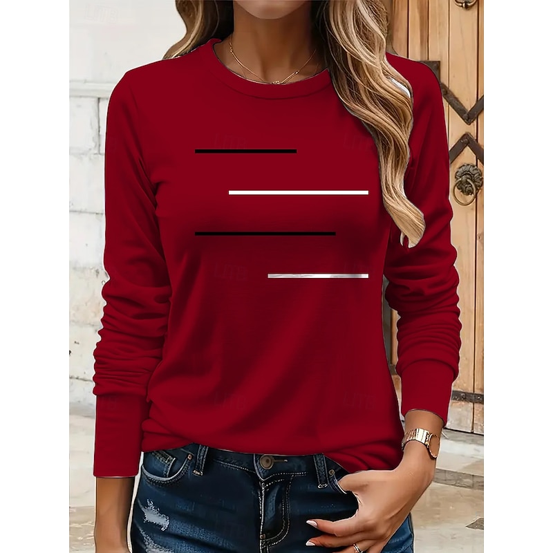 Women's T shirt Long Sleeve Crew Neck Long Sleeve Tunic Graphic Geometric Striped Vintage Stylish Round Neck Regular Tops Daily Print Pink Red Blue Purple Brown Fall Prefall