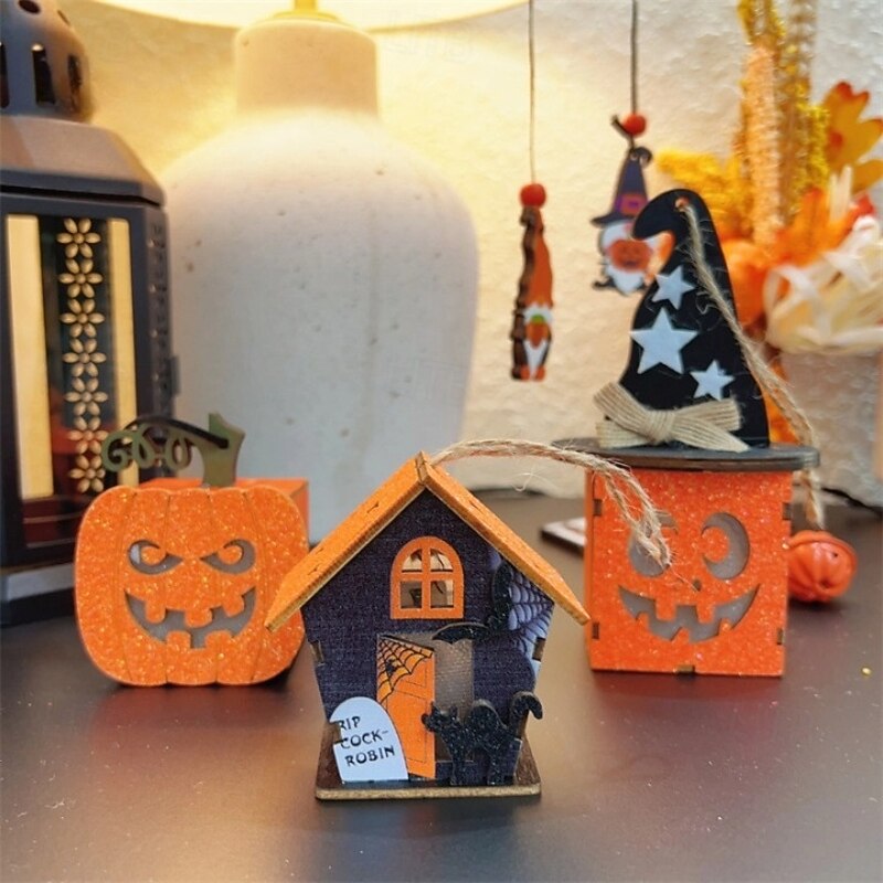 Halloween Decor, Pumpkin Wooden Block, Ghost Tabletop Decorative Sign and Centerpieces - Black and Orange for Home Party Table Shelf Office3