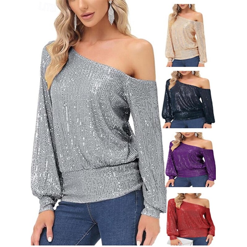 Women's Sequin Sparkly Party Glitter Sparkly Stylish Long Sleeve Cold Shoulder Regular Tops Daily Holiday Sequins Silver Black White Pink Red Spring Fall