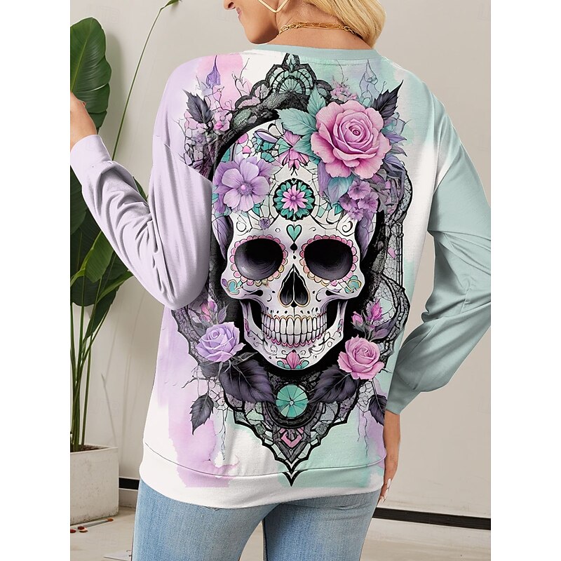Halloween Women's Sweatshirts Floral Skulls Graphic Casual Long Sleeve Crew Neck Regular Tops Street Dailywear Print Green Spring Fall Winter2