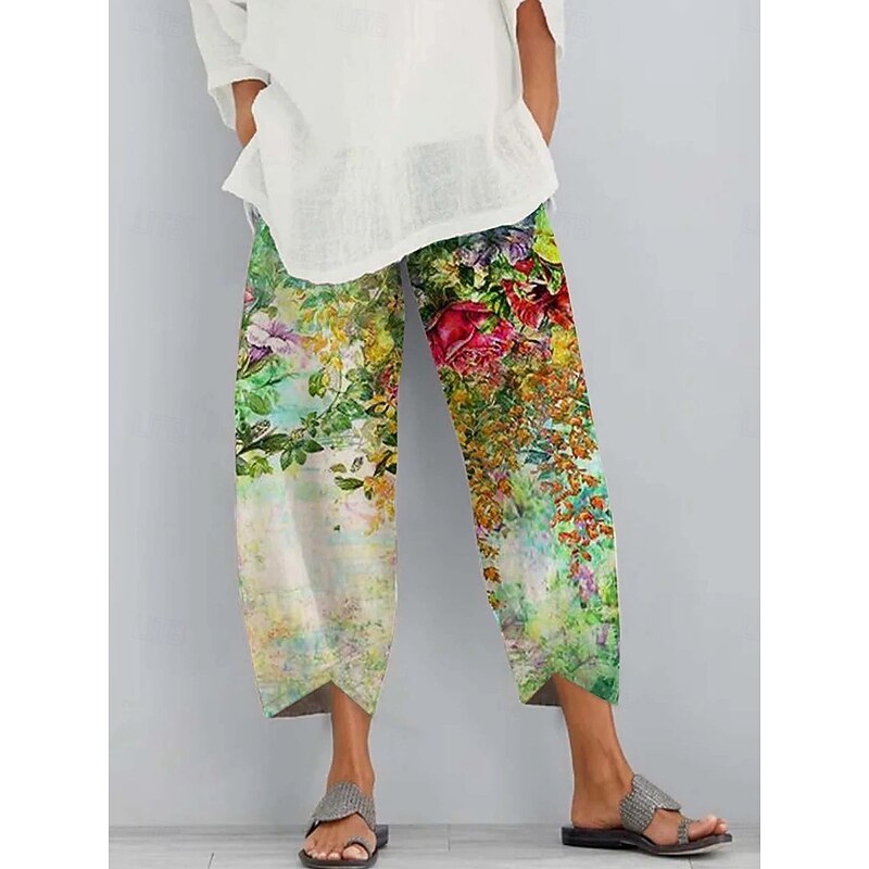 Women's Slacks Vacation Vintage Ethnic Style Ankle-Length High Waist Floral Graphic Elastic Waistband Comfy Breathability Soft Inelastic Outdoor Street Daily Light Green Pink Green Summer Spring