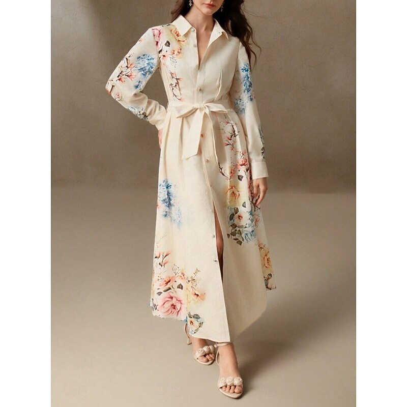 Women's Long Dress Maxi Dress Shirt Dress Casual Dress Fashion Modern Daily Beach Weekend Regular Fit Floral Long Sleeve Shirt Collar White Summer4