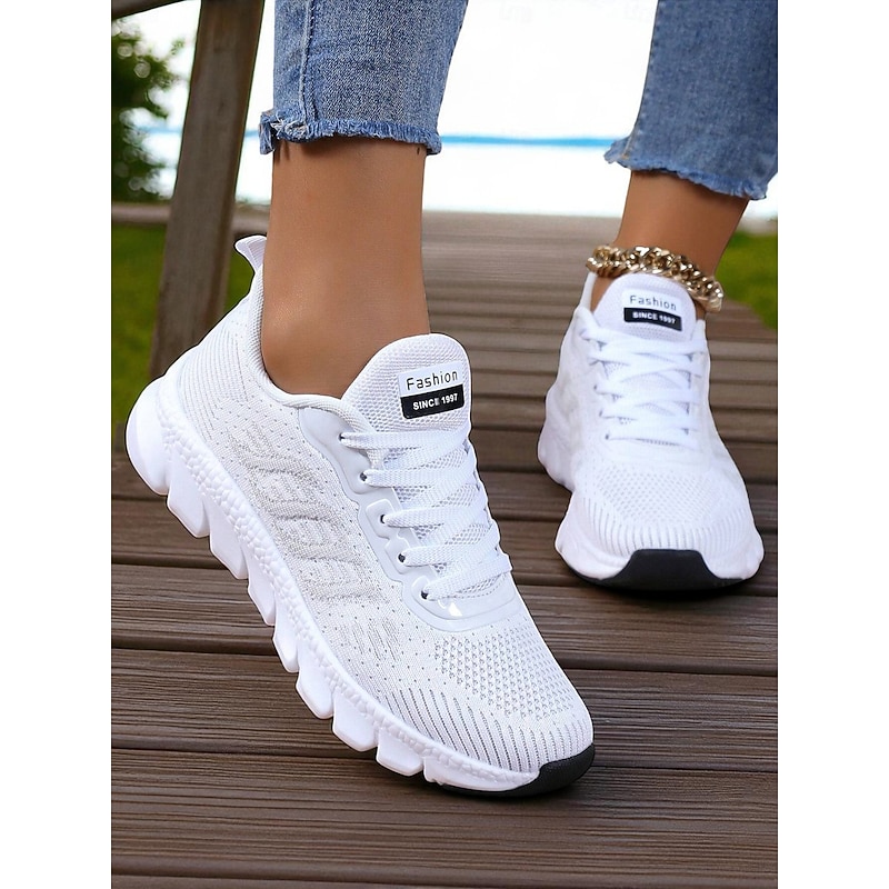 Women's White Flyknit Running Sneakers – Lightweight Breathable Walking Shoes for Summer to Fall Transitions, Sports and Daily Fitness