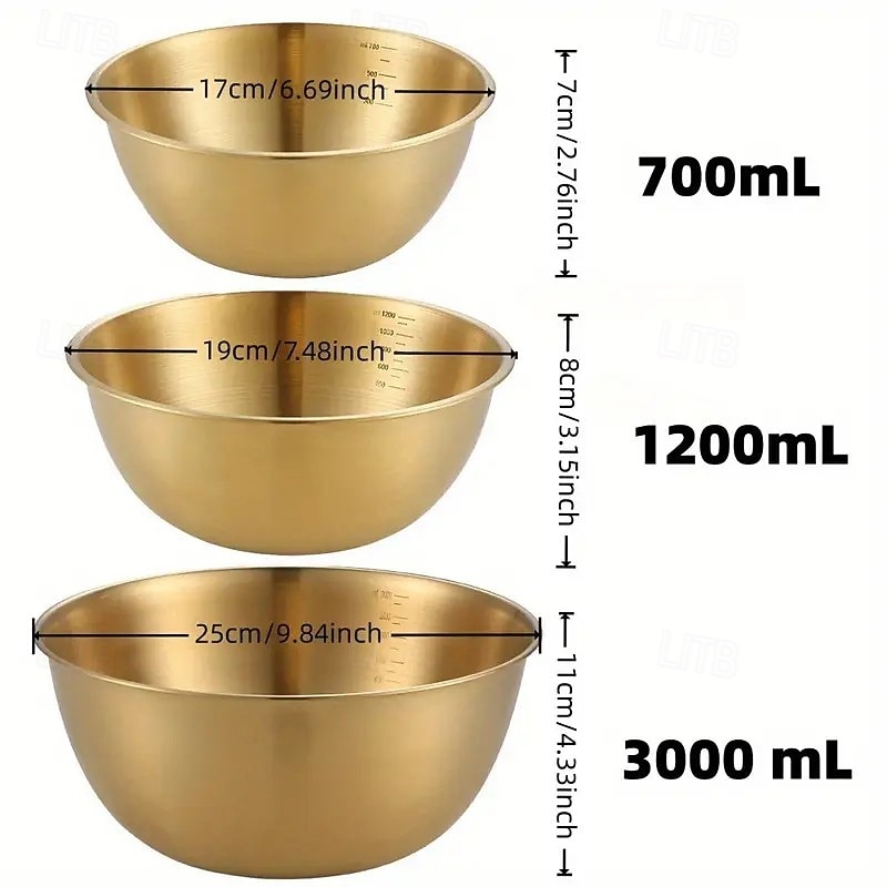 3-Piece Stainless Steel Mixing Bowls Set, Oven Safe and Durable Kitchen Bowls with Measurement Markings, Perfect for Cooking, Baking, and Food Storage4