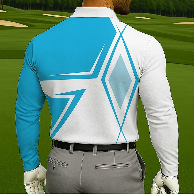 Men's Color Block Geometic Polo Long Sleeve Polo Shirts Collared Shirts Sportswear Casual Athleisure 3D Print Spring Fall Lake blue Black Blue2