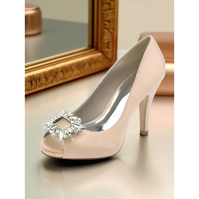 Women's Satin Peep Toe Pumps with Crystal Buckle - Classic High Heel Dress Shoes for Ladies, Perfect for Cocktail Parties and Evening Occasions