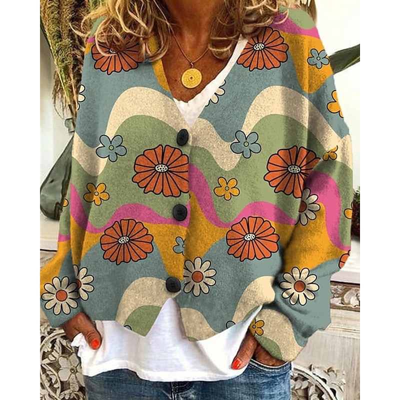 Women's Sweater Cardigan Fashion Streetwear Daily Floral Ribbed Open Front Knitted Print Long Sleeve Long Tops Knit Holiday Going out Weekend Yellow Blue Fall Winter2